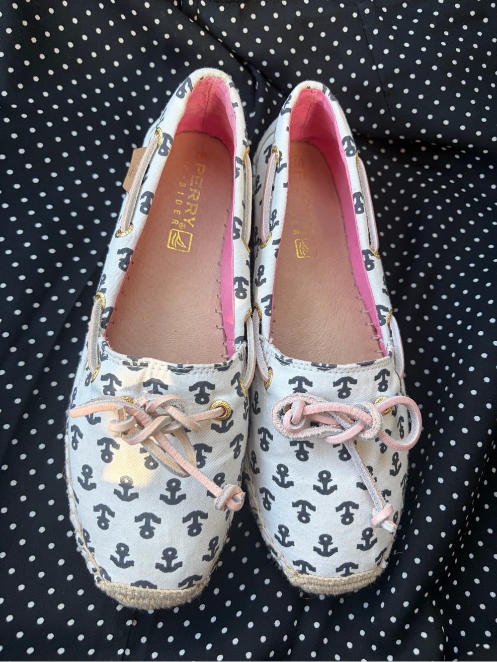 Sperry White Anchor-Print Slip-On Moccasins with Pink Lining